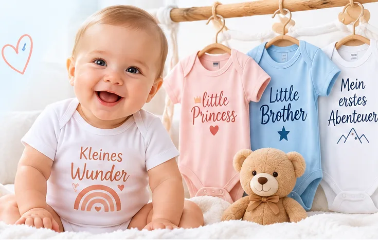 Personalisierte Babybodys in Rosa, Blau und Weiss mit liebevollen Motiven