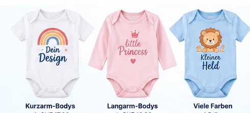 Beispiele für bedruckte Babybodys in verschiedenen Farben und Designs
