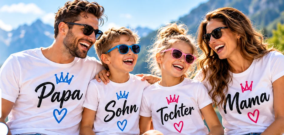 Fröhliche Familie mit individuell bedruckten, zusammenpassenden Shirts