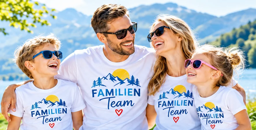 Familie mit aufeinander abgestimmten bedruckten T-Shirts am See