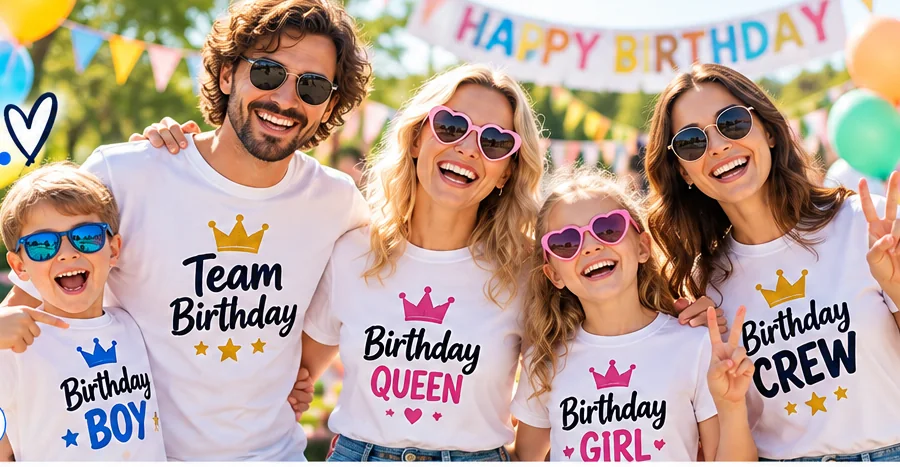 Familie und Freunde in personalisierten Geburtstagsshirts