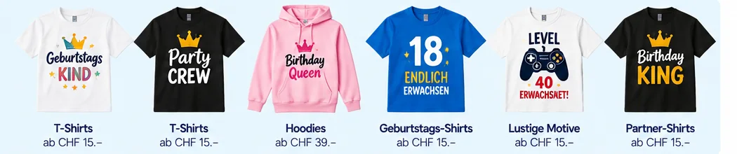 Verschiedene Geburtstagsshirts mit individuellen Drucken und Farben