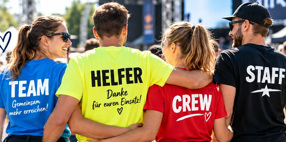 Organisationsteam bei einer Veranstaltung mit beschrifteten Helfershirts