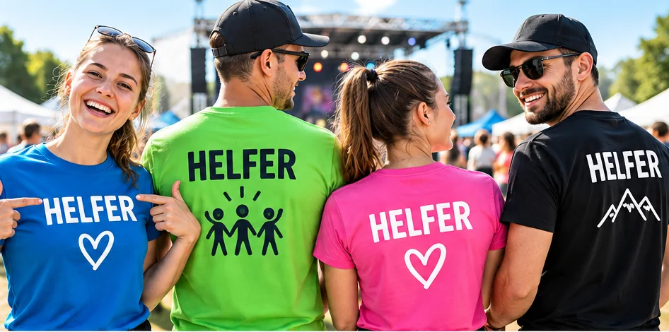 Helferteam mit bunten bedruckten Shirts bei einem Festival