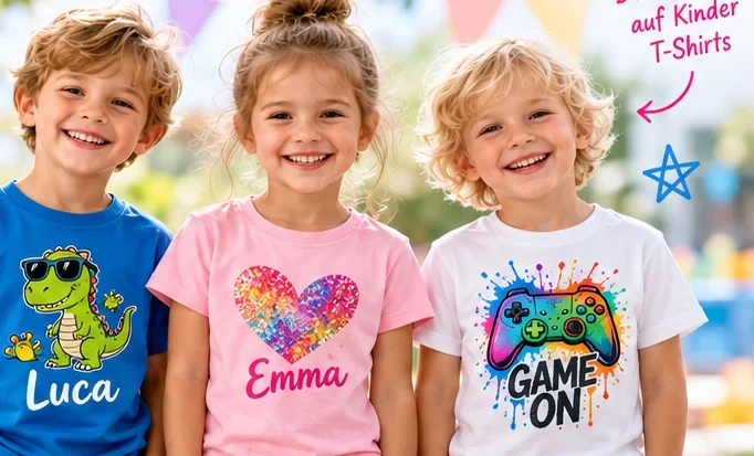 Fröhliche Kinder mit individuell bedruckten bunten T-Shirts