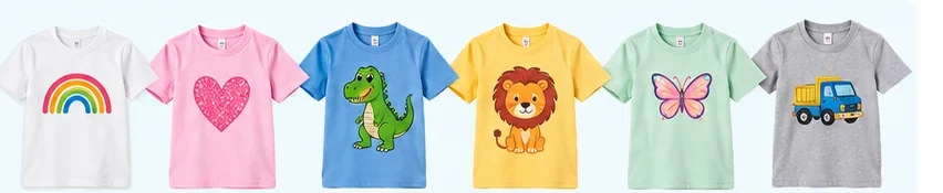 Bunte bedruckte Kinder-T-Shirts mit verschiedenen Motiven und Farben