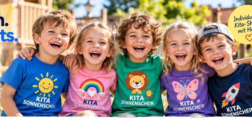 Fröhliche Kinder in farbigen T-Shirts mit Kita-Motiven
