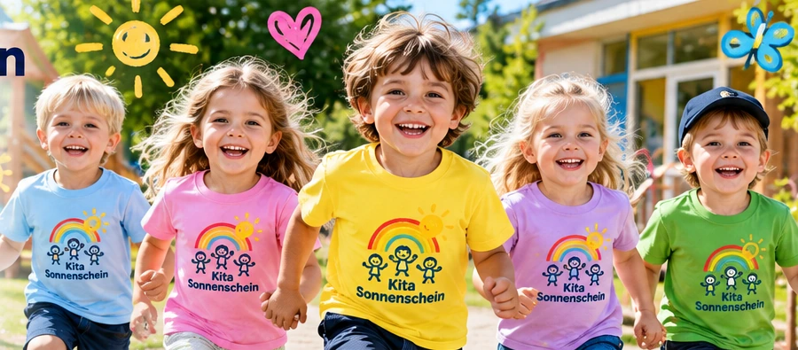 Auswahl farbenfroher Kita-Shirts mit unterschiedlichen Motiven