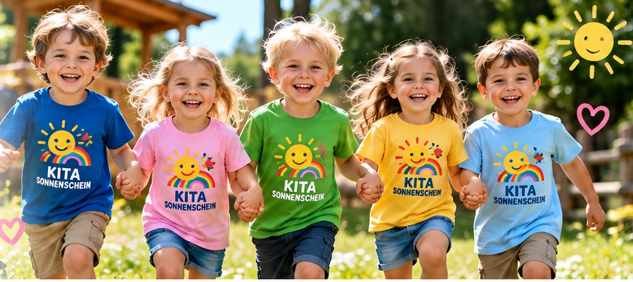Kindergartenkinder tragen farbige T-Shirts mit freundlichen Kita-Motiven
