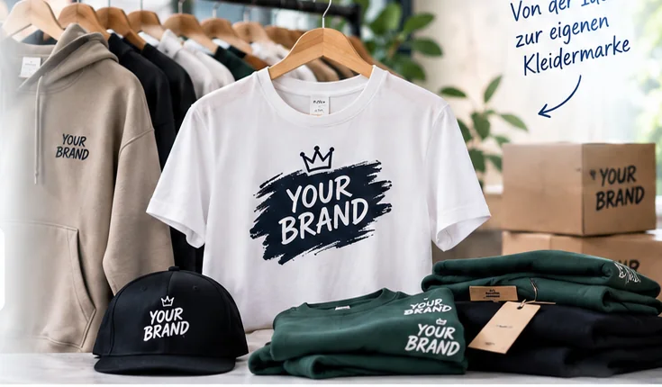 Verschiedene bedruckte Kleidungsstücke und Merch-Textilien für eine neue Marke