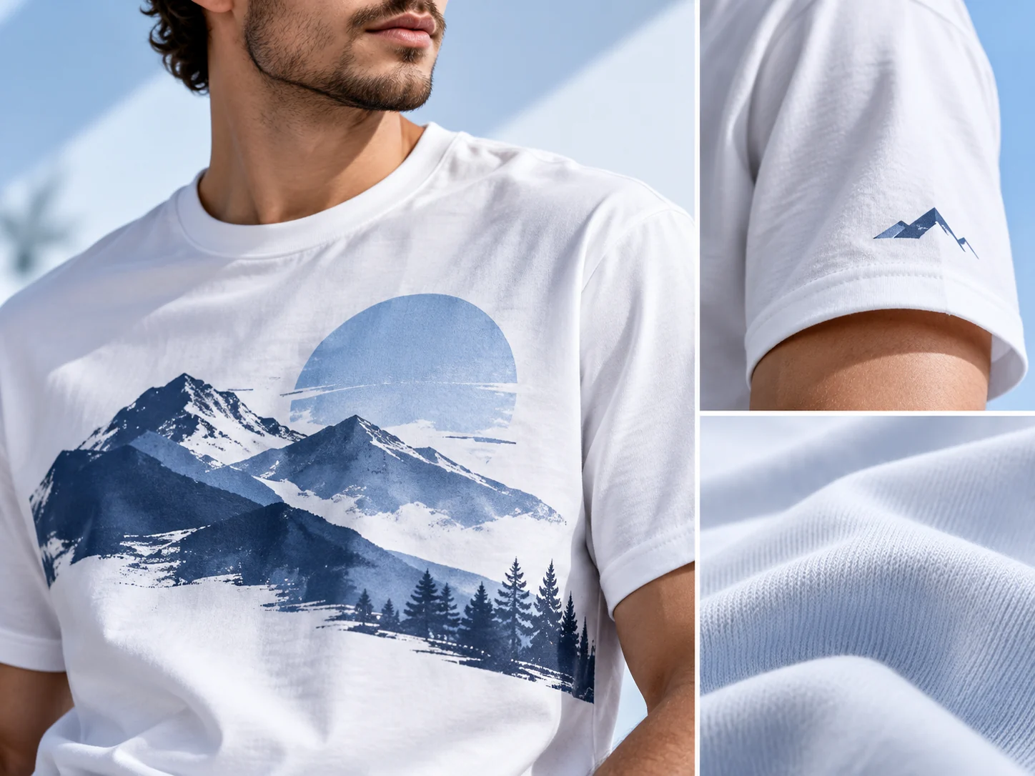 Detailaufnahme eines hochwertigen weissen Merch-Shirts mit Druckmotiv und Stoffstruktur