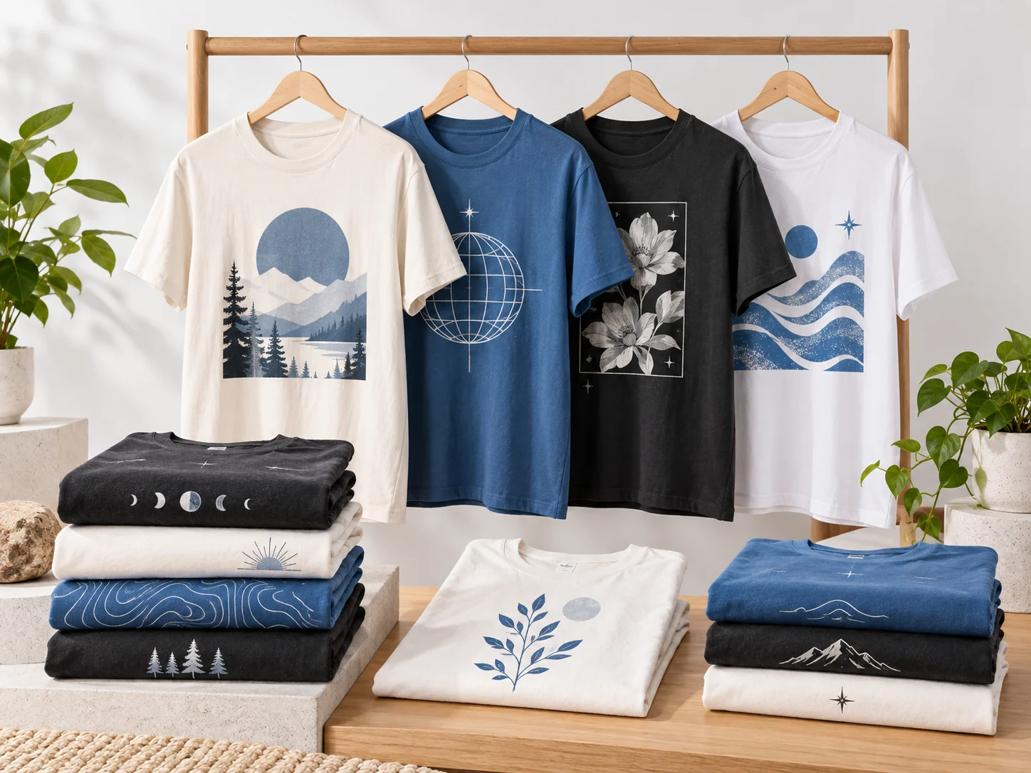 Merch-Shirt-Kollektion mit mehreren bedruckten T-Shirts im modernen Studio-Setup