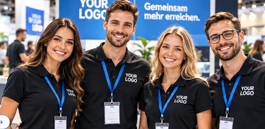 Messepersonal in einheitlichen, bedruckten Firmenpoloshirts am Messestand