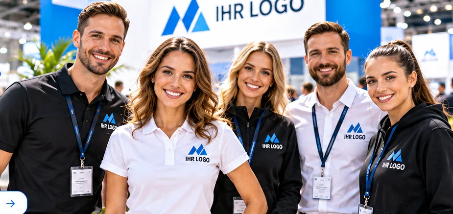 Einheitlicher Messeauftritt mit bedruckter Teamkleidung und Firmenlogo