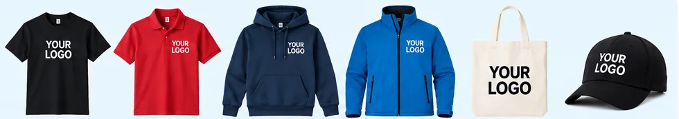 Beispiele für bedruckbare Messebekleidung wie T-Shirts, Poloshirts, Hoodies und Jacken ohne Preisangaben