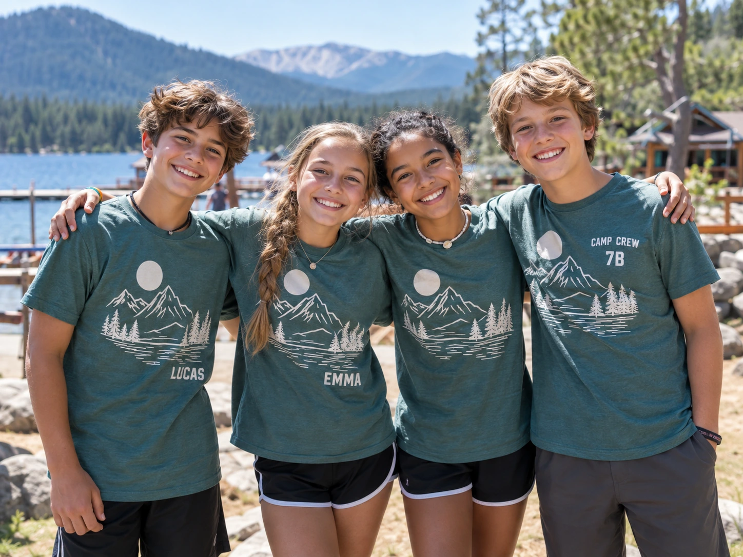 Jugendliche in passenden grünen Camp-Shirts am See