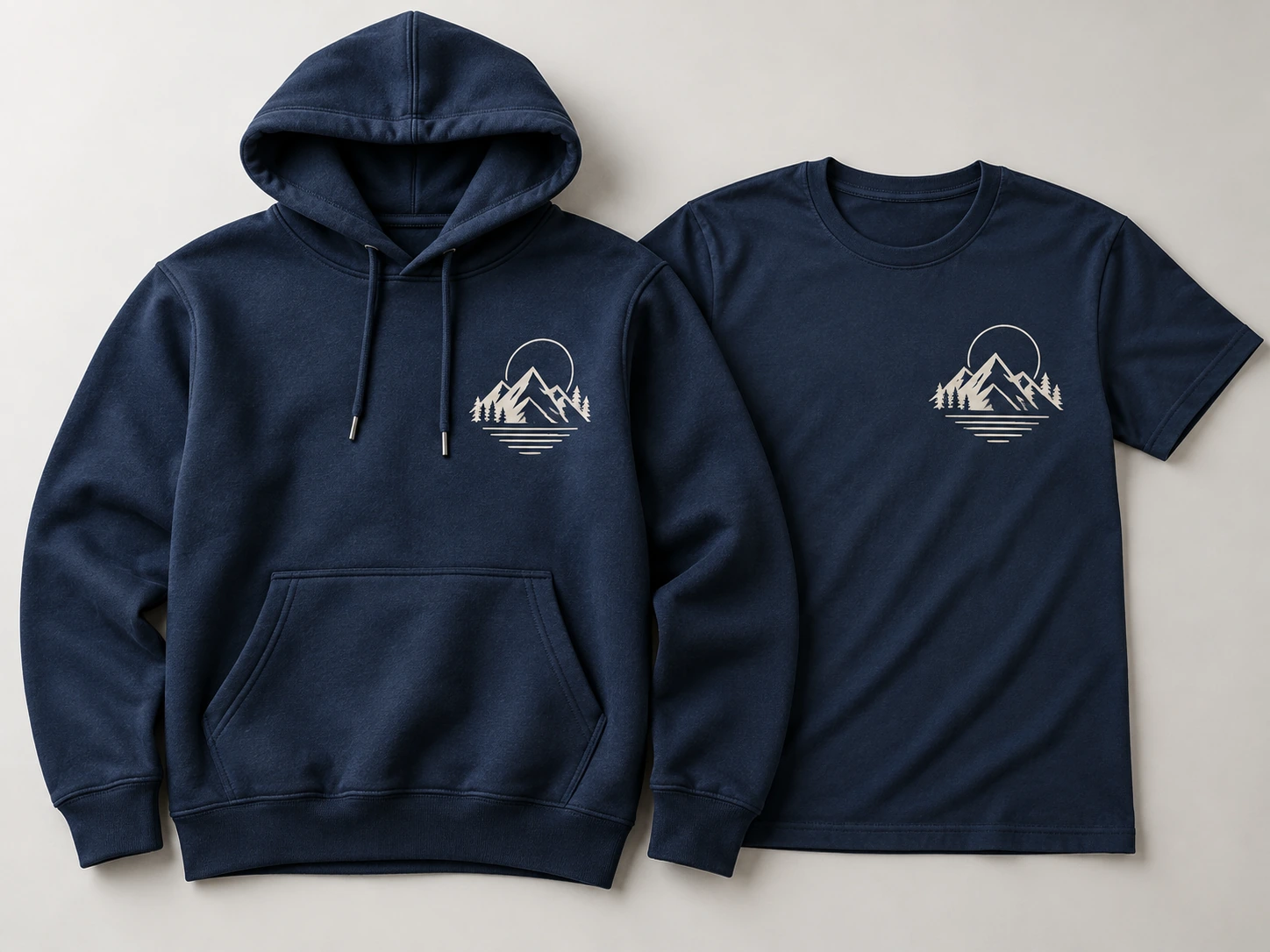 Dunkelblaues Schullager-T-Shirt und Hoodie mit Bergmotiv