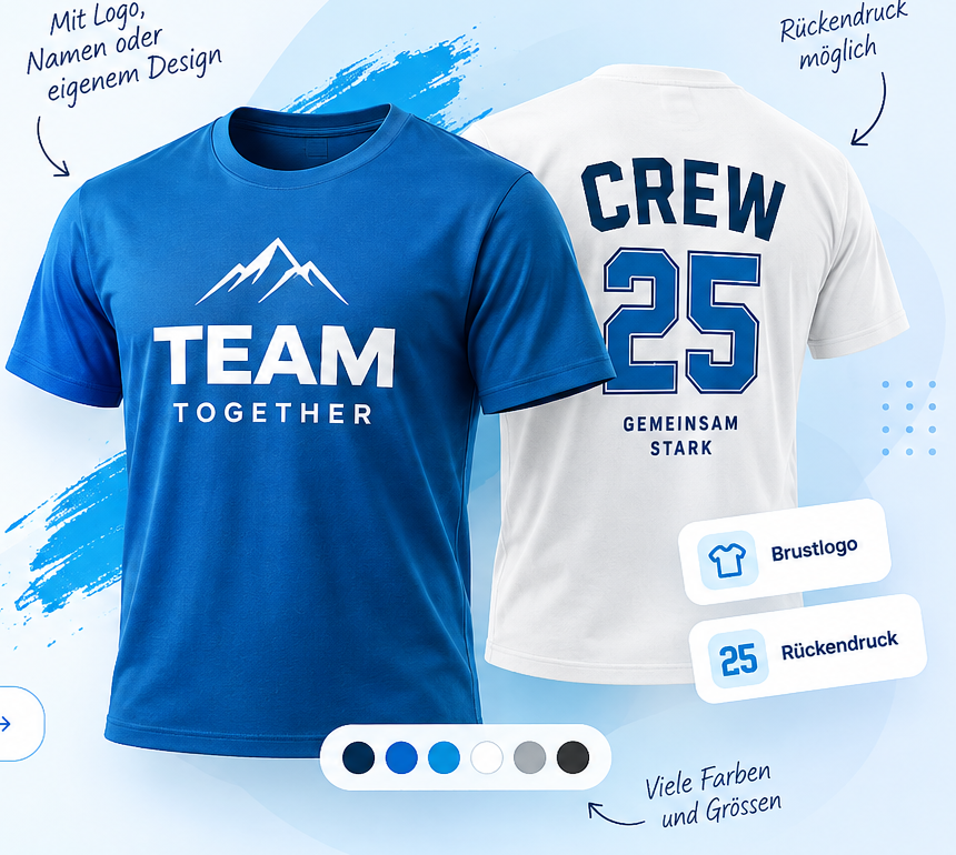 Bedruckte blaue und weisse Teamshirts mit Teamlogo und Rückennummer