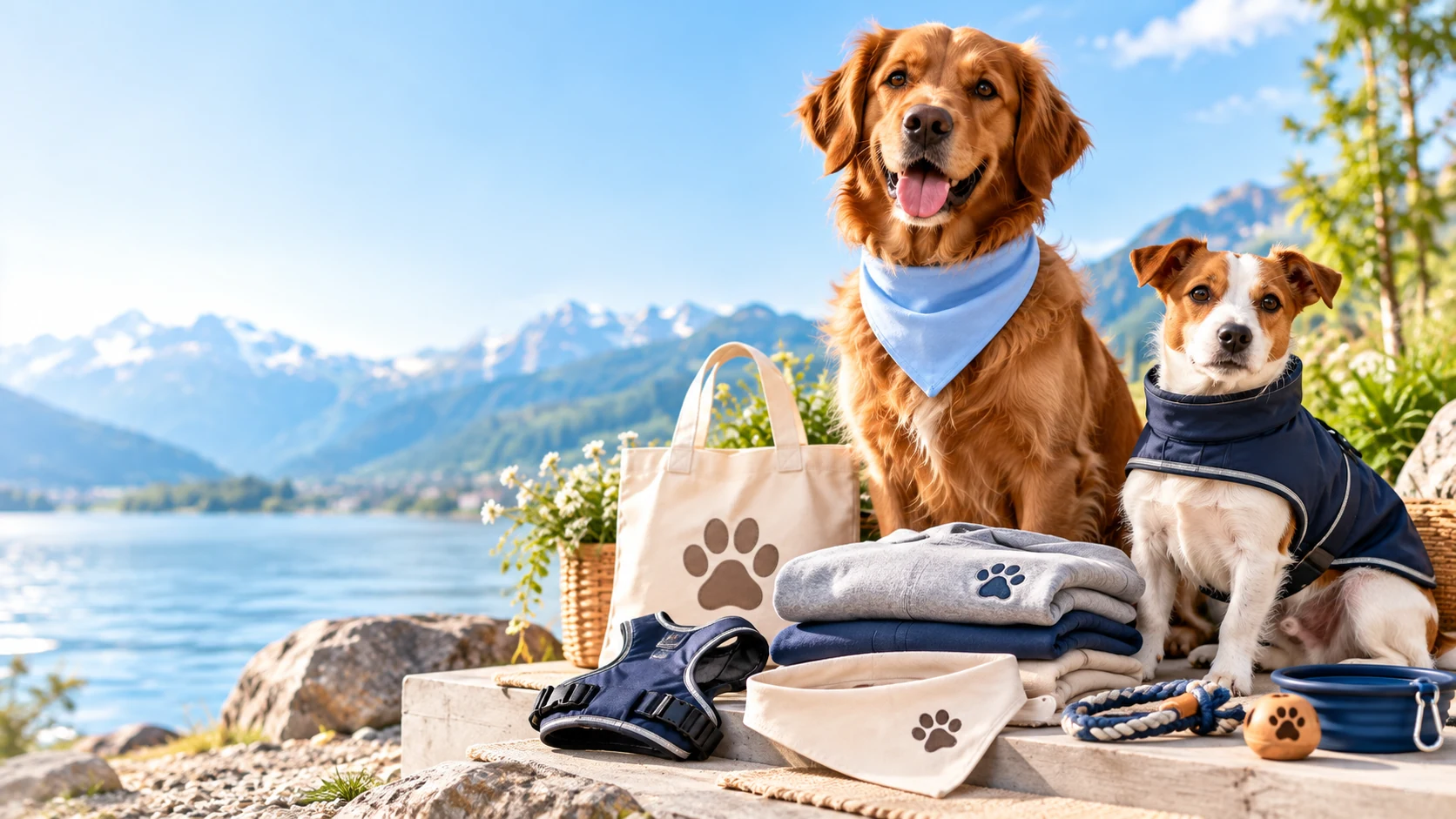 Zwei Hunde mit Halstuch und Hundebekleidung neben Tierzubehör am See