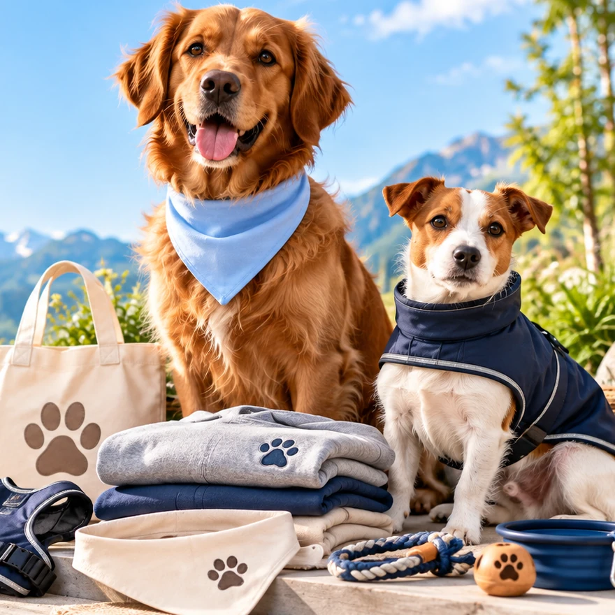 Golden Retriever und kleiner Hund mit textilen Accessoires